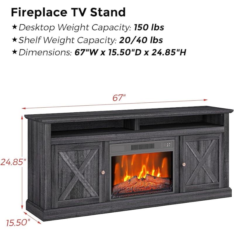 67'' Fireplace TV Stand with Glass Door Closed Storage - 65 inches