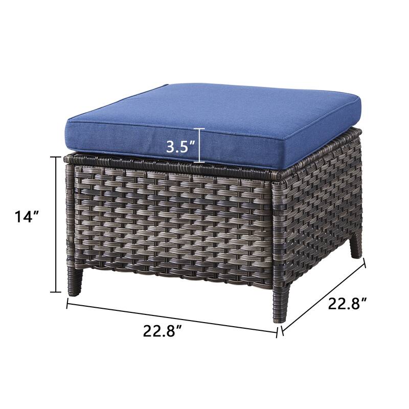 Outdoor Rattan Ottomans Wicker Ottomans with Blue Cushion (Set of 2)