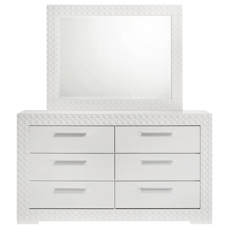 Ivon Wide Dresser with Mirror, 6 Drawers, White High Gloss, Metal