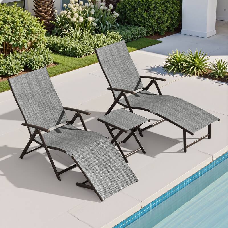 3-Pieces Outdoor Chaise Lounge Set Aluminum Adjustable Foldable Chaise Lounge Chairs and Side Table - Fabric in Black&Gray Mixed
