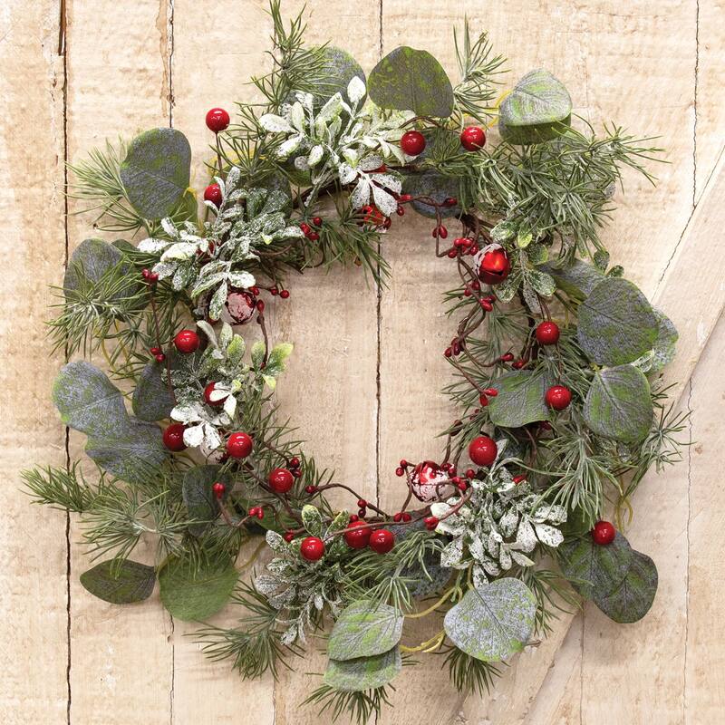 Snowy Holiday Red Berry & Bell Wreath - Green - 18 Inches