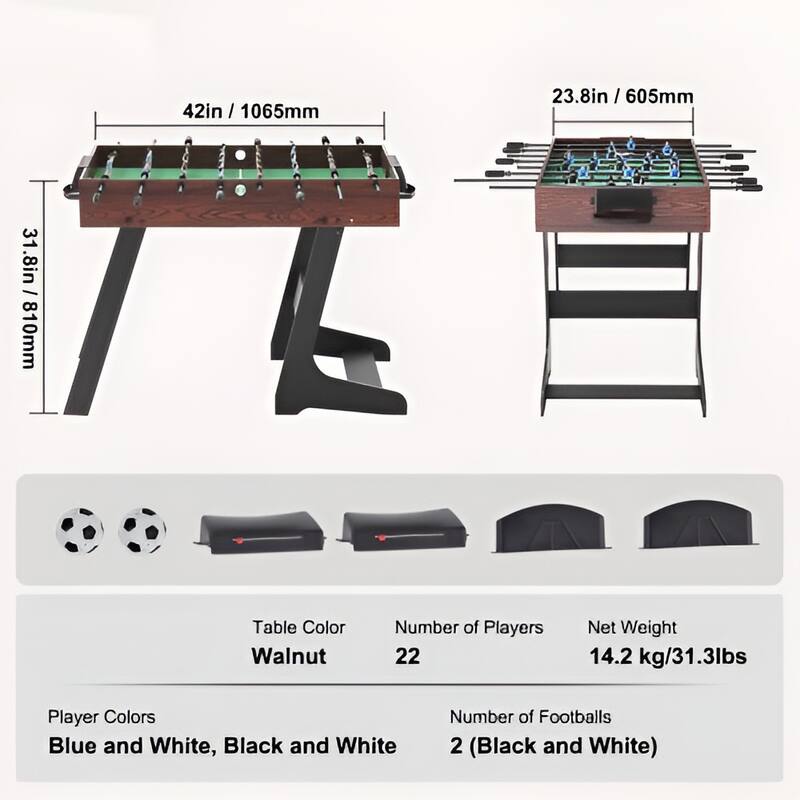 Black-Brown MDF Foldable Foosball Table with 22 Players and Balls - 42” L x 23.8” W x 31.8” H