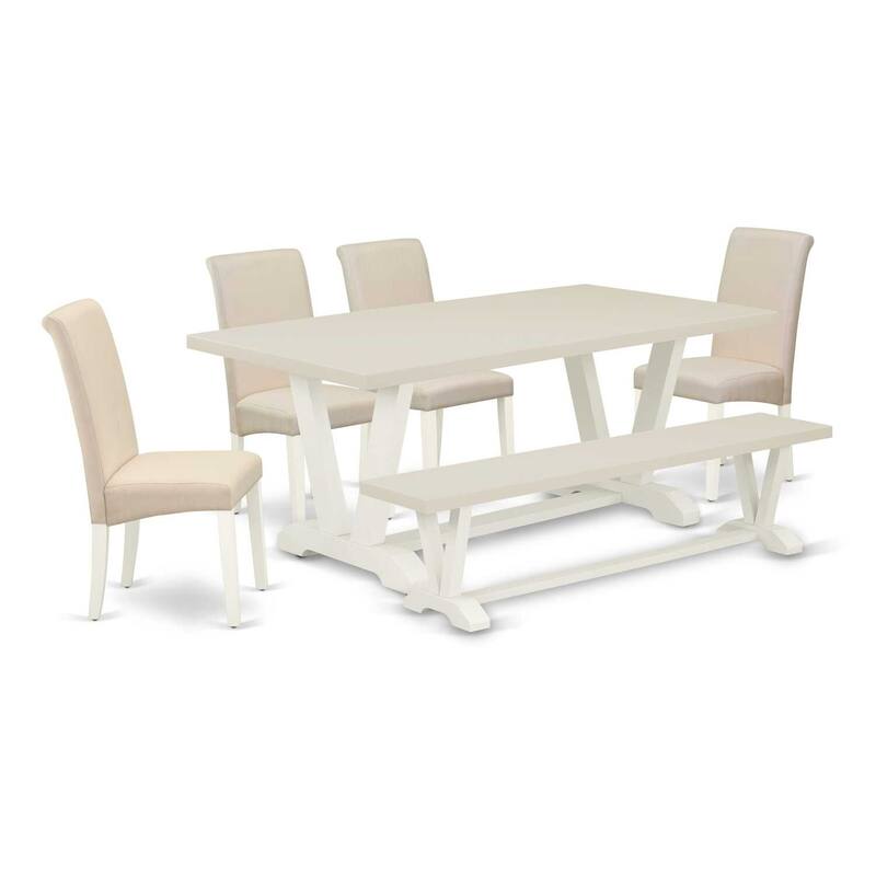 Modern 6-Piece Dining Set - Linen Fabric Chairs & Bench with Rectangular Table