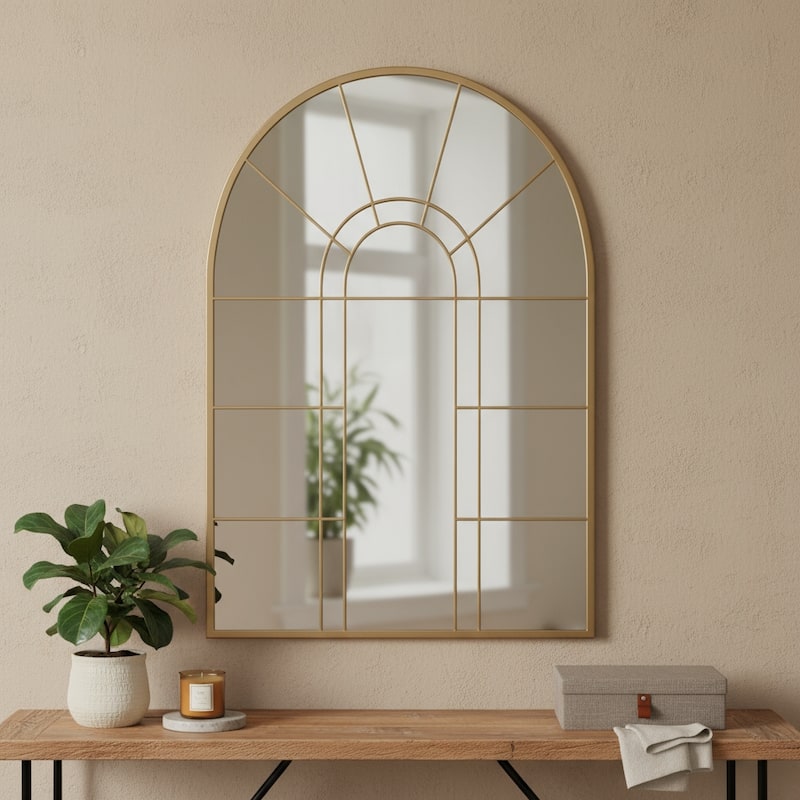 HomeRoots 41" Black Metal Arch Window Pane Framed Accent Mirror - 28.00 in. x 41.00 in. x 0.78 in. - 28.00 in. x 41.00 in. x 0.78 in.