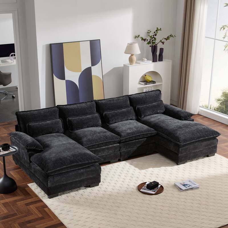 Modern Modular U-shaped Sectional Sofa, Chenille Cloud Couch Set - Black