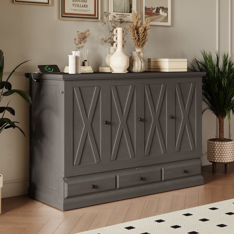Gray Full Size Solid Pine Murphy Bed with Charging Station and Large Drawer