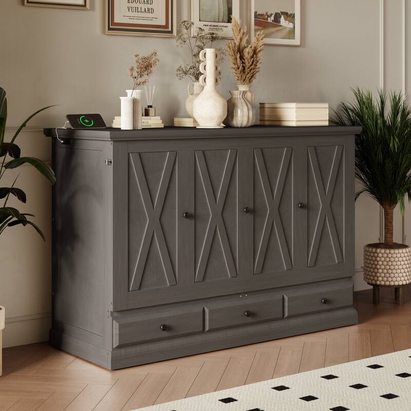 Solid Pine Murphy Bed Chest Cube Cabinet Bed with Charging Station and Large Storage Drawer for or Small Room,Full