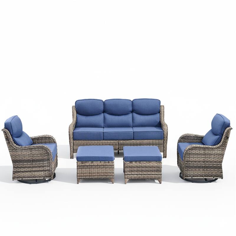 Arcadia 5-Piece Wicker Patio Conversation Set with Swivel Gliders and 6-Inch Thick Olefin Cushions