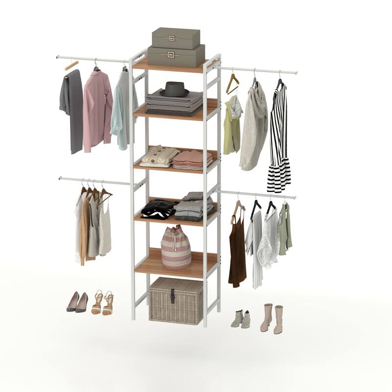 Moasis Closet Organizer with 4 Expandable Hanging Rods, Garment Rack Heavy Duty Clothes Rack with Storage Shelves - White
