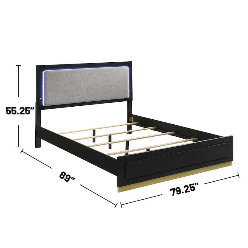 Upholstered Panel Bed with LED Lighting in Black and Light Gray