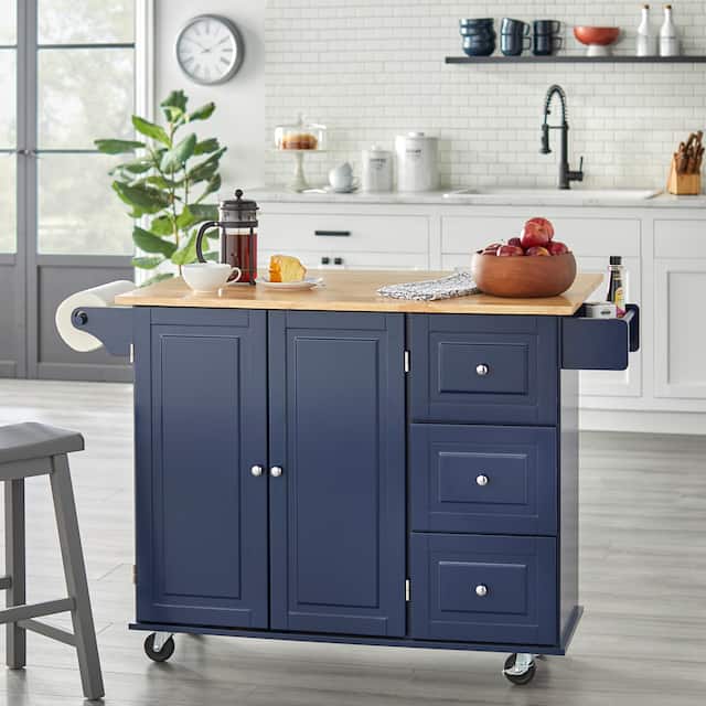 3-drawer Drop Leaf Kitchen Cart - Indigo Blue