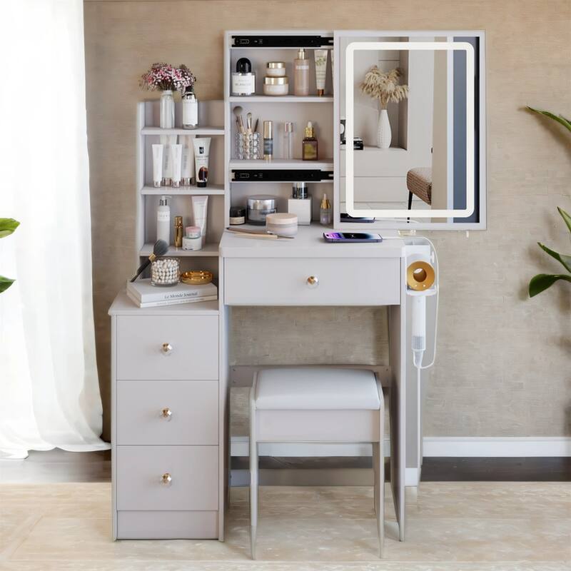 Dressing Table Set, 29.2" Vanity w/ LED Mirror, Charging Station,Stool