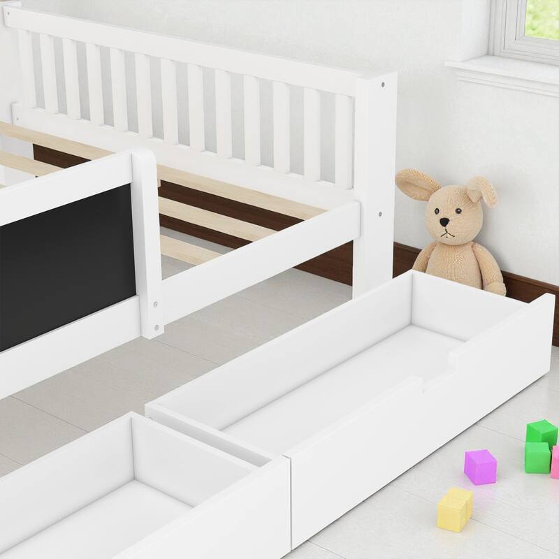 Twin/Full Solid Wood Platform Bed with Chalkboard Headboard, Storage Drawers and Shelves, Space-Saving Kids Bed