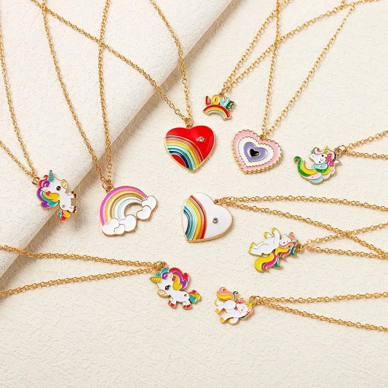 14 Pcs Valentine's Day Cute Necklaces for Teen Girls, Featuring Love Heart Shapes, Unicorns, and Rainbows, with 10 Unique Design