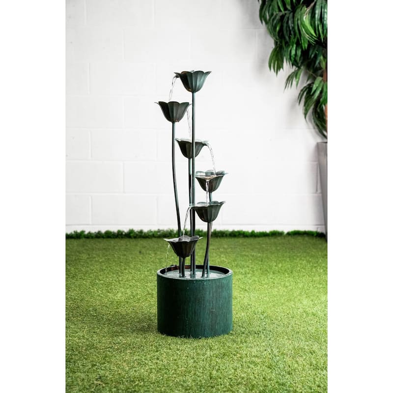 35" Chrome Black Metal Lily Flower Bucket Fountain 5-Watt LED