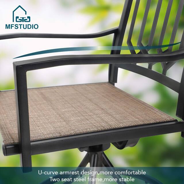 MFSTUDIO 7PCS Patio Dining Set, Large Rectangular Wood Like Top Table with 6 Textilene Fabric Swivel Chairs