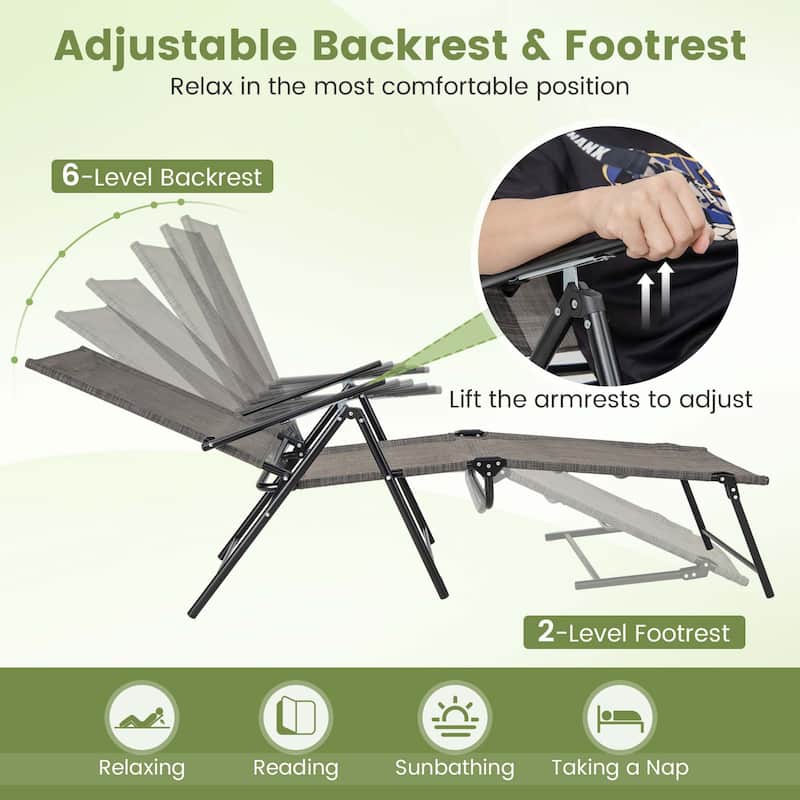Costway Patio Folding Chaise Lounge Chairs with 6-Level Backrest - 61"-74.5" x 25" x 25.5"-40" (L x W x H)