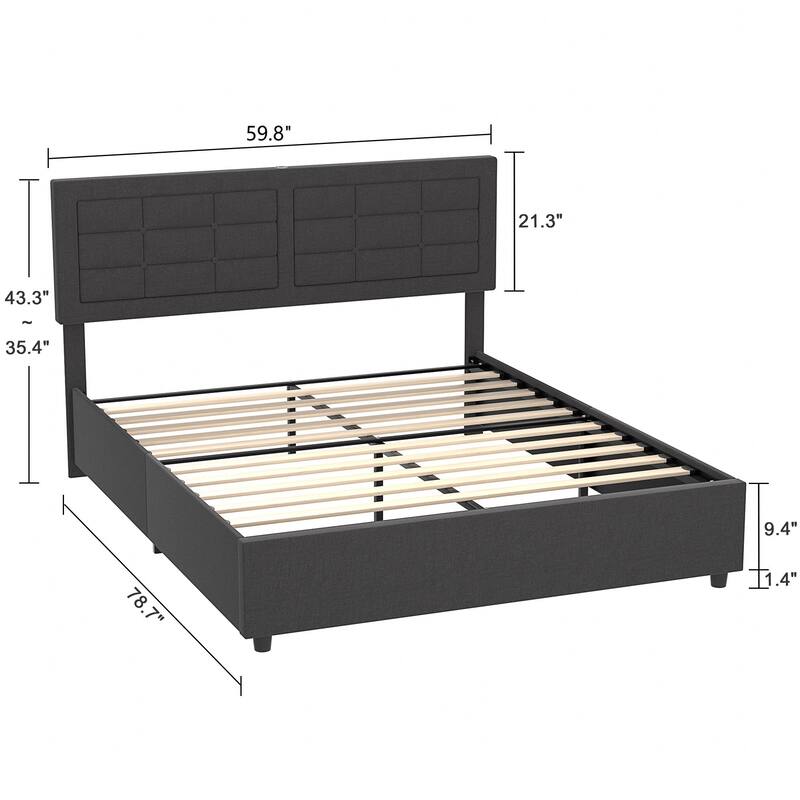 Javlergo Full Queen Size Bed Frame with USB Charging Station Adjustable Height Upholstered Headboard No Box Spring Needed