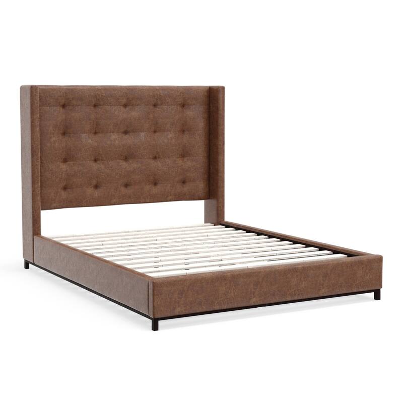 Tufted Wingback Bed - Faux Suede Platform Bed with Slats - Brown & Black