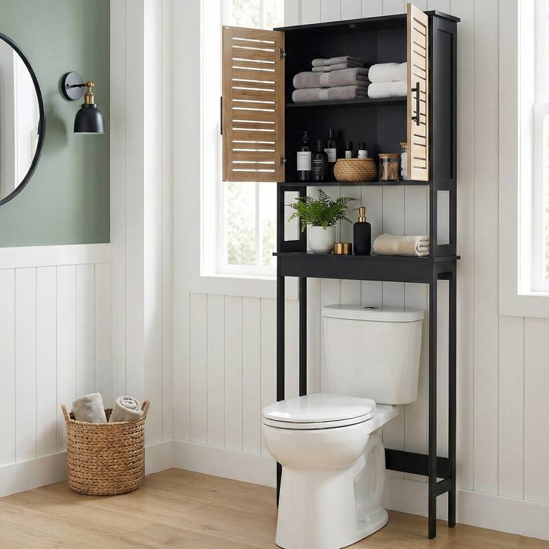 Over The Toilet Storage Cabinet with Double Vented Doors and Open Shelf, Black and Brown - Bergen Collection