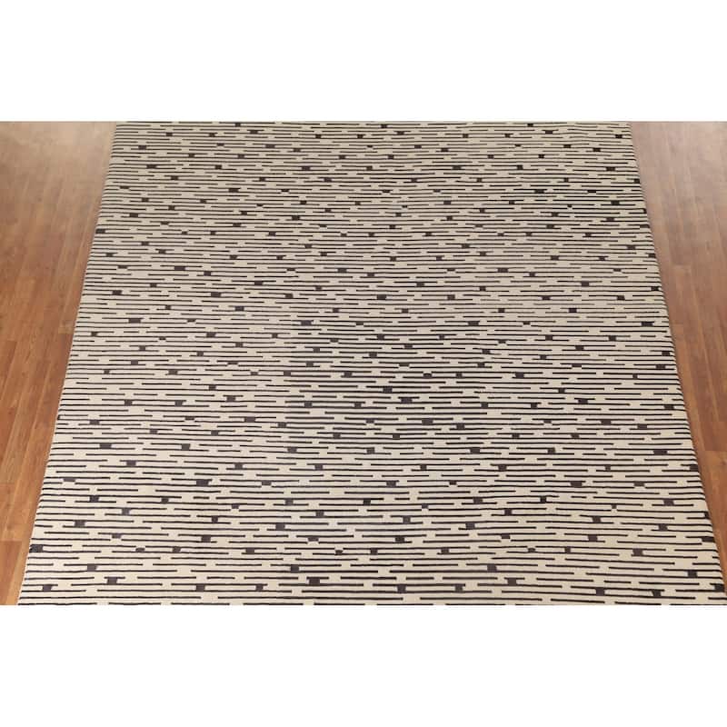 Striped Beige Nepalese Indian Area Rug Hand-Knotted Wool Carpet - 9'0" x 11'8"