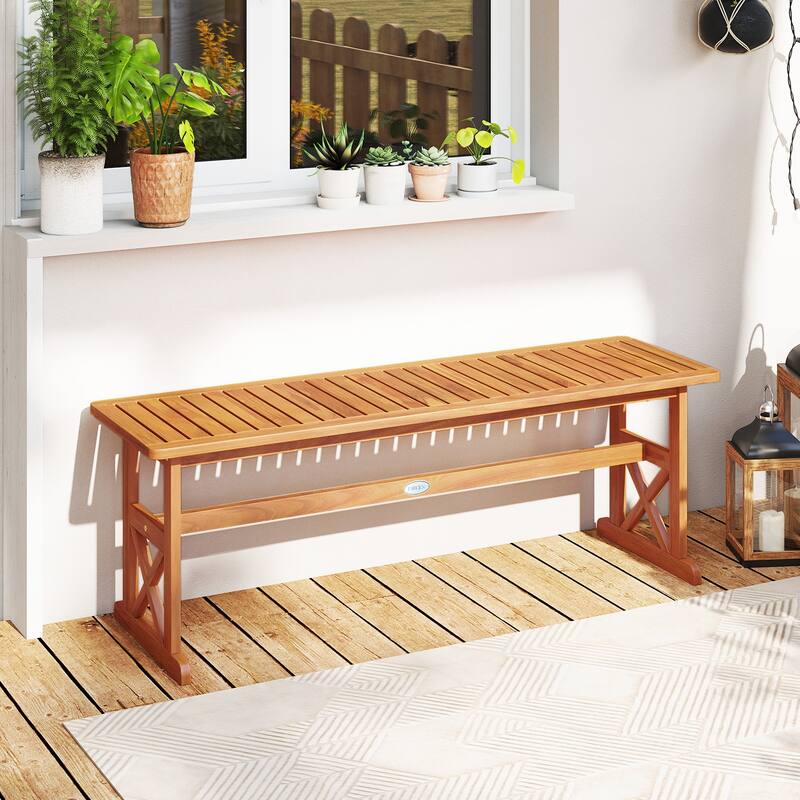 Gymax 51 Inches Acacia Wood Outdoor Bench w/ Slatted Seat & X-Shaped