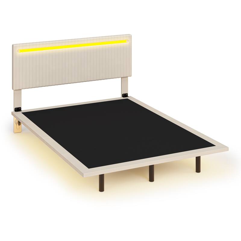 Modern Upholstered Floating Bed Frame with LED Lights, Vertical Channel Design Velvet Fabric Bed, Full Size, Beige