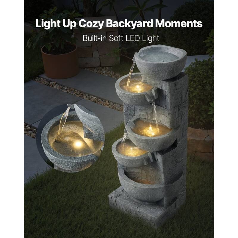 Modern Rock Grey 5-Tier Outdoor Water Fountain with LED Lights for Patio or Garden Decor - 12.99 x 12.20 x 31.50 in