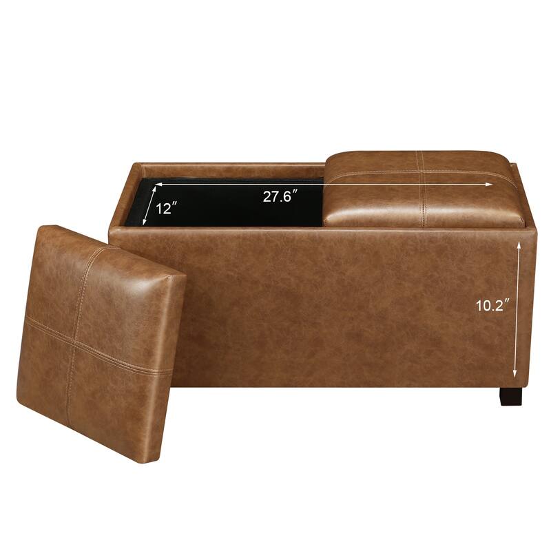 Adeco Rectangle Faux Leather Storage Ottoman with Dual Flip-Top Trays - 31.1"X15.4"X15.7