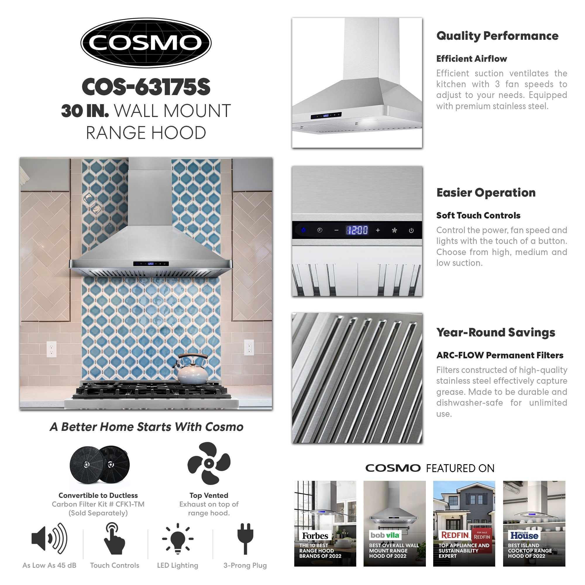Cosmo COS-63175 30 in. Ducted Wall Mount Range Hood with LED Lighting and Permanent Filters in Stainless Steel
