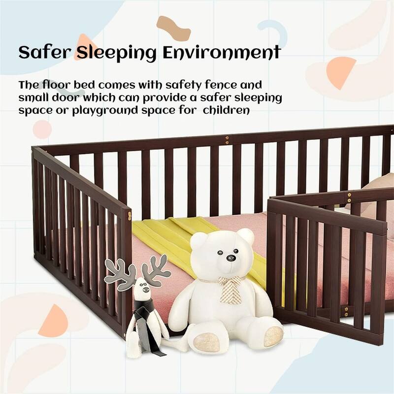 Full Size Floor Bed for Children, Sturdy Wood Montessori Bed Frame with Fence & Door