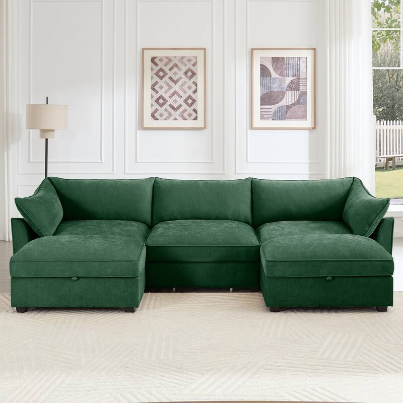 U-Shape 3-Deep Seater Sofa Couch with 2 Movable Storage Ottomans & Pull Out Drawers