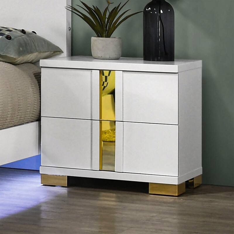 2/3/4-Pc Bedroom Sets Twin/Queen White Platform Bed w/LED/Nightstands/Ottoman/Headboard - Sherpa/High Gloss/Retro/Wood/Acrylic