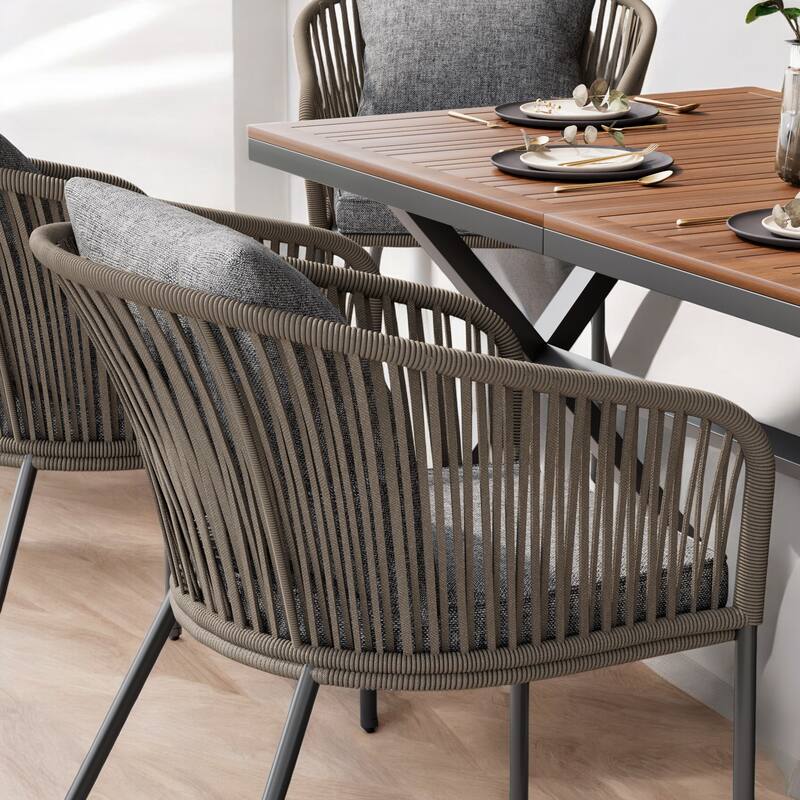 7-Piece Outdoor Patio Dining Set with Rope Weave Chairs, Cushions & Adjustable Feet - Ideal for Patio, Garden & Balcony