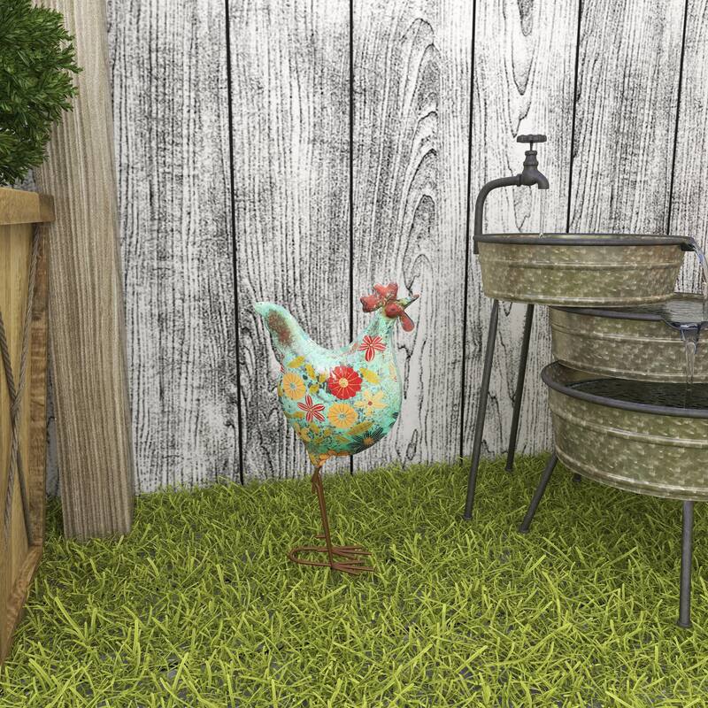 Green or Cream Metal Indoor Outdoor Distressed Standing Rooster Garden Sculpture with U Shaped Feet