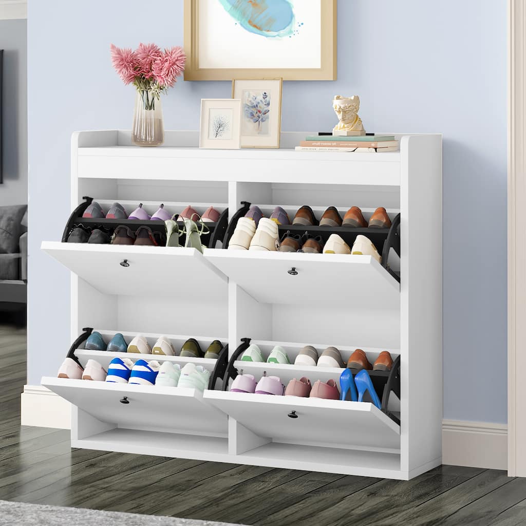 Moasis 4 Flip Drawers Free Standing Tipping Bucket Shoe Rack Organizer Modern Slim Hidden Shoe Cabinet