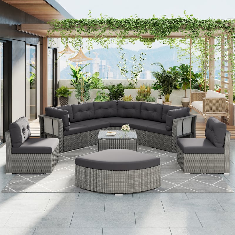 Rattan Sectional Outdoor Furniture Set with Cushions Modular Daybed Iron Frame for Patio Garden Use