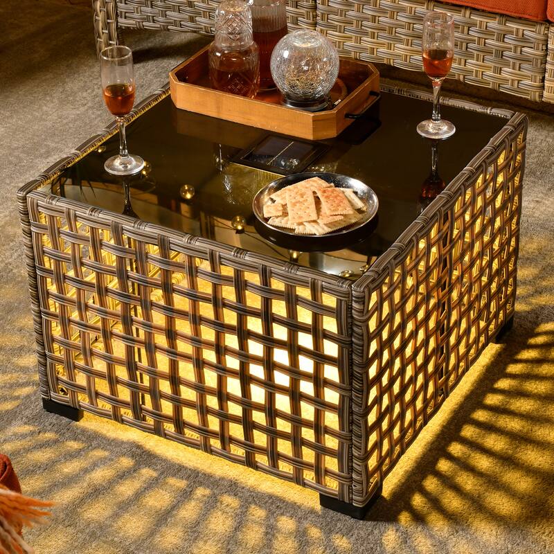 OVIOS 7 Pieces Outdoor Wicker Furniture Set With Solar-Powered Coffee Table