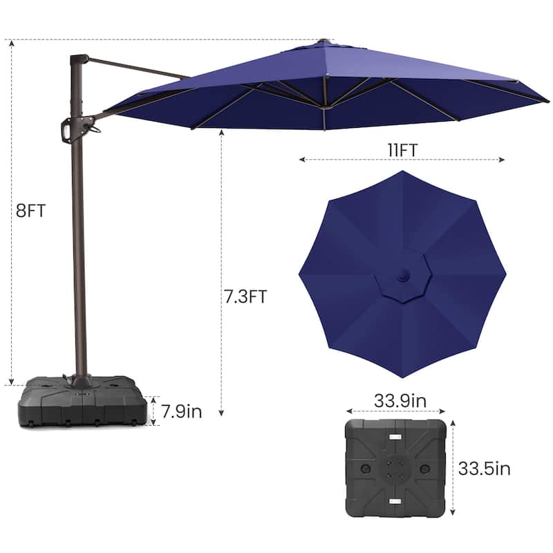 11 Ft Outdoor Patio Cantilever 360 Degree Rotation Offset Umbrella with Weighted Base