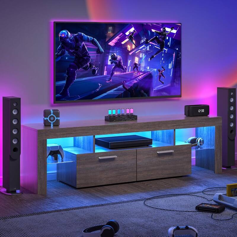 Country-Style LED TV Stand Glossy Entertainment Center with 2 Large Drawers and 3 Open Frames, for Living Room and Bedroom