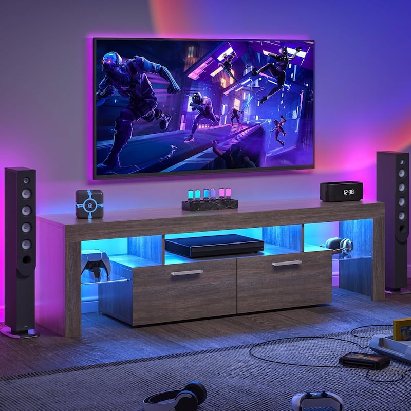 Wood Media Console with Adjustable Brightness, TV Stand with 16-Color Lights, Entertainment Center with Open Shelves