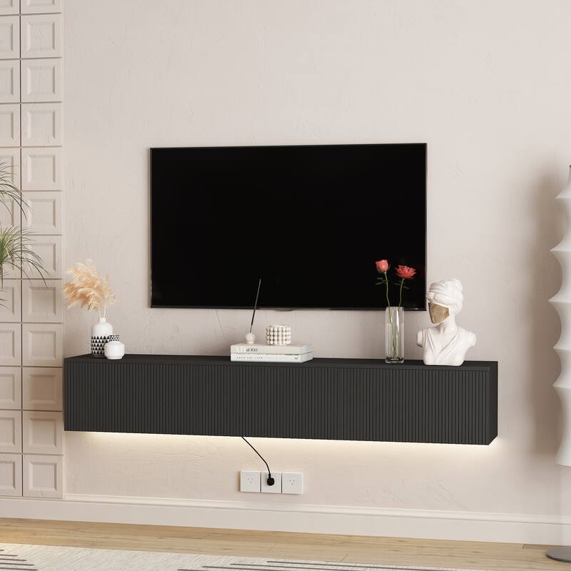 Modern Wall Mounted LED TV Stand with Power Outlet, , Floating Media Cabinet TV Console Entertainment Center for 65" TV