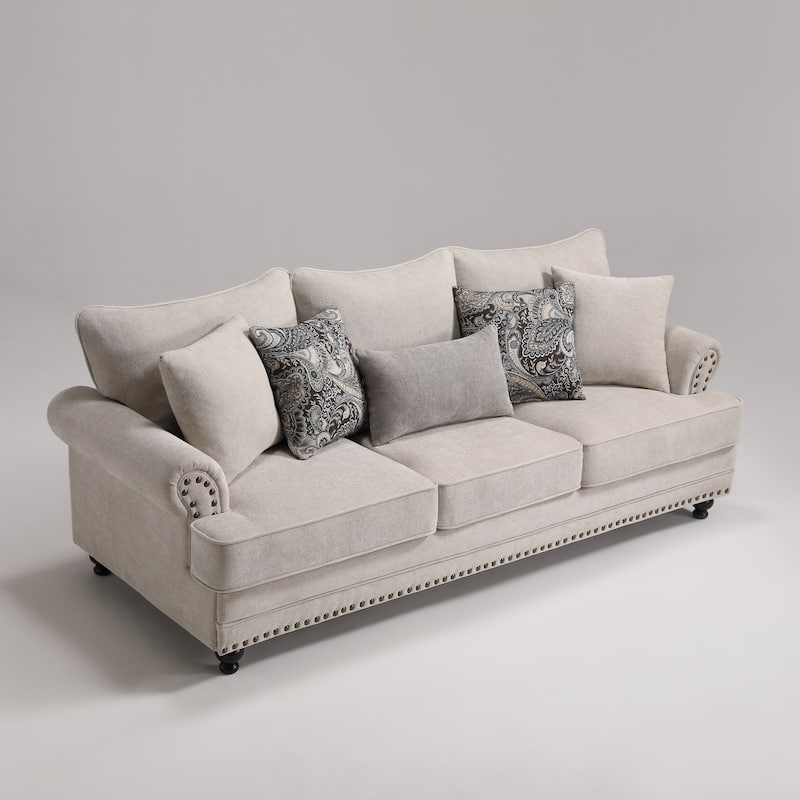 Morden Fort Chenille Fabric Sofa with Rolled Arm and Nailhead Trim