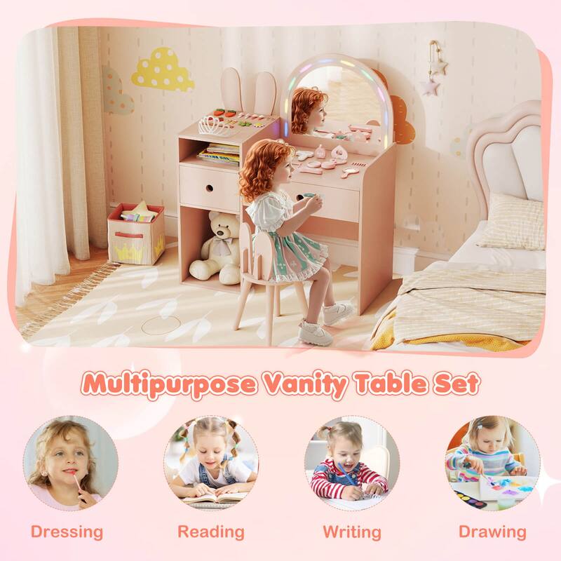 Costway Princess Bunny Makeup Table with Lighted Mirror, Open Shelves - See Details