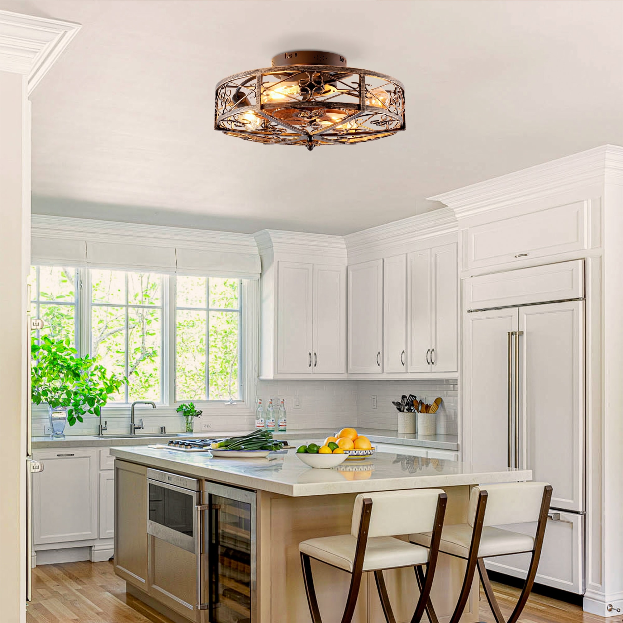 Antique Bronze Caged Ceiling Fan with Remote Control without Bulbs