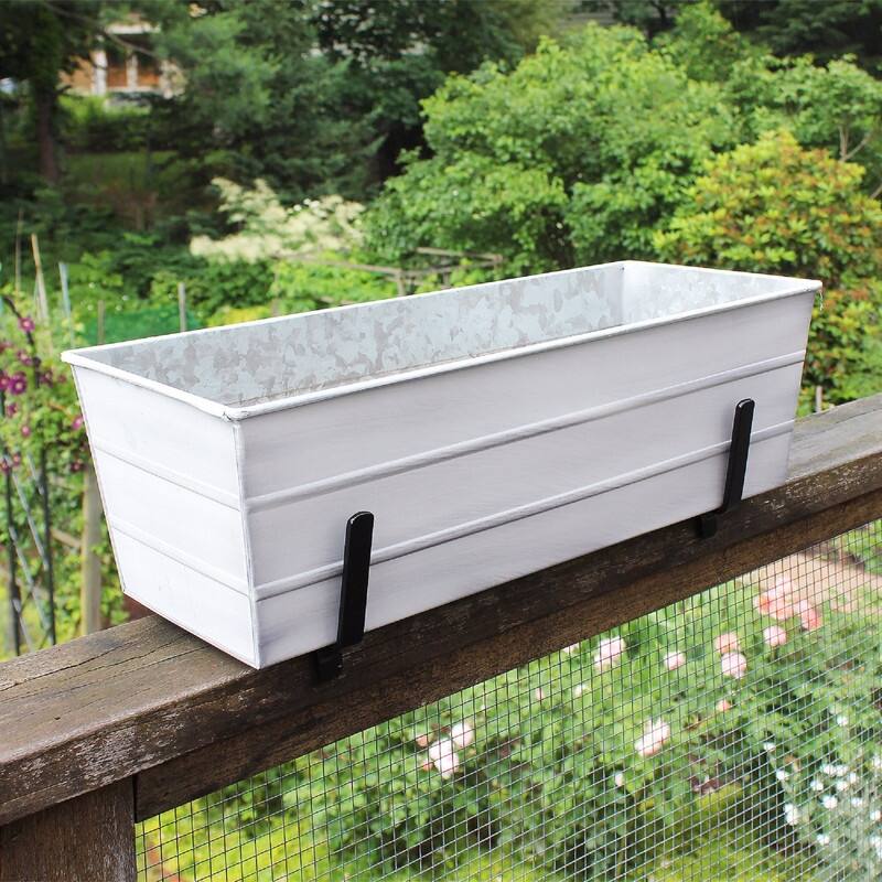 Achla Designs Medium Galvanized Steel Flower Box Planter With Brackets for 2 x 6 Railings, 24 Inch Wide