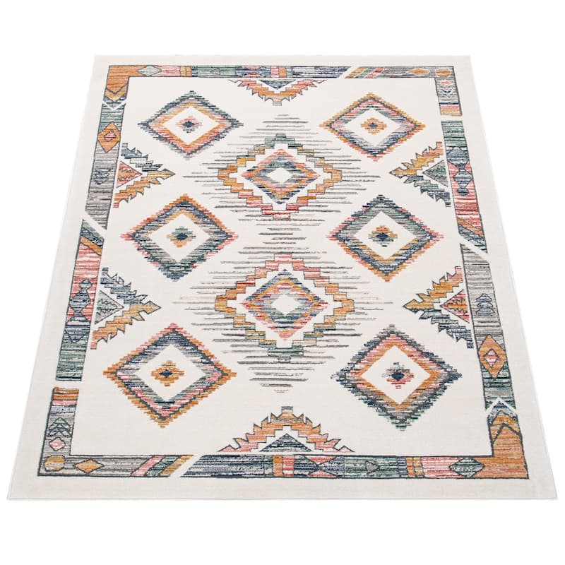 Boho Rug Cream with Modern Pastel Scandi Diamond Pattern Ethnic Design