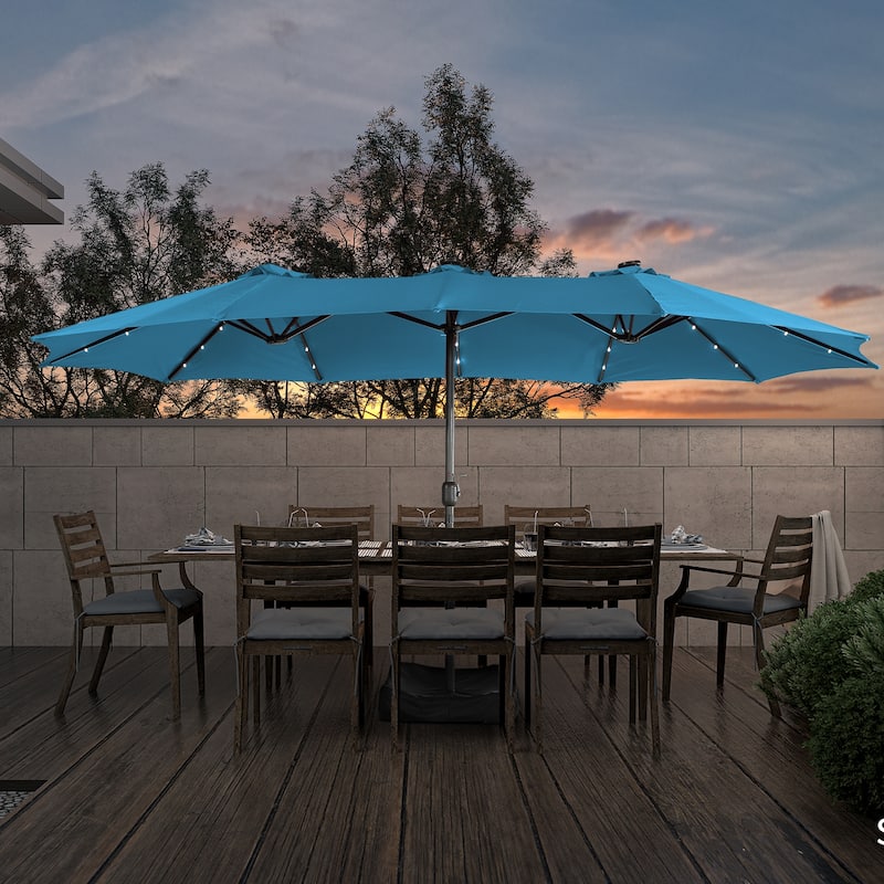 Clihome 15FT Double-Sided Solar Light Market Crank Umbrella with Base