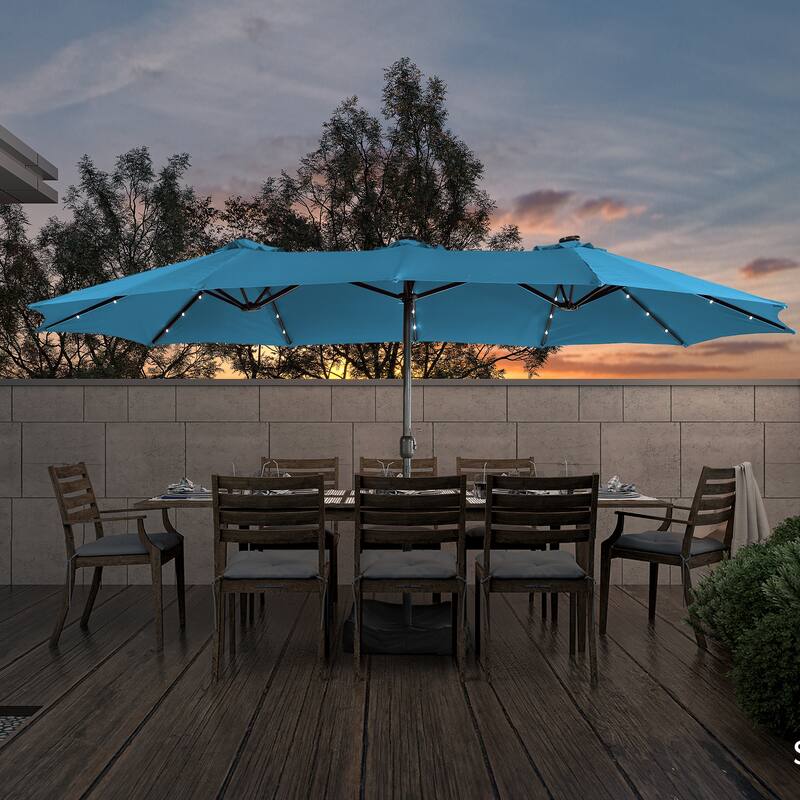 Clihome 15FT Double-Sided Solar Light Market Crank Umbrella with Base