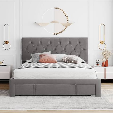 Queen Size Lozenge Pattern Upholstered Platform Bed with Removable Wheeled Footside Drawer & Tufted Headboard